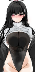 1girl absurdres bikini black_hair black_halo blue_archive blush breasts bright_pupils clothes_lift covered_navel hair_ornament hairclip halo highres jacket large_breasts looking_at_viewer multicolored_halo one-piece_swimsuit open_clothes open_jacket red_eyes ribbed_shirt ringed_eyes rio_(blue_archive) shirt simple_background skirt solo sweater sweater_lift swimsuit tsuzuri_(itosousou) two-tone_halo white_background white_pupils white_sweater