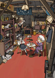 2girls absurdly_detailed_composition absurdres apple basket black_eyes black_footwear black_hat black_skirt blonde_hair book bookshelf brown_hair cake cake_slice capelet carpet ceiling_light chair clothes_hanger collared_shirt commentary_request cookie cup dress food fruit globe hat highres holding holding_cup index_finger_raised indoors loaded_interior long_sleeves looking_at_another magatama maribel_hearn medium_hair mob_cap model_train multiple_girls necktie neruzou on_chair open_mouth paper pleated_skirt purple_dress red_necktie safe_(container) second-party_source shirt sitting skirt smile space_shuttle spacecraft strawberry_cake suitcase table talking teacup telescope tiered_tray torii touhou unworn_capelet usami_renko white_hat white_shirt wide_shot