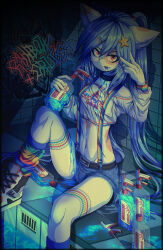 absurdres alcohol animal_ear_fluff animal_ears belly billiards blue_hair bulge choker clothes crop_top drinking furry furry_male highres long_hair long_sleeves looking_at_viewer navel peace_symbol rainbow_print red_eyes shoes shorts sitting sneakers supreme_(brand) thick_thighs thighhighs thighs tight_clothes tongue tongue_out trap tweenstrip wide_hips