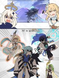 2boys 3girls aiming aqua_hair armor arms_behind_back ascot belt black_belt black_bodysuit black_bow black_bridal_gauntlets black_dress black_eyes black_feathers black_gloves black_hair black_mask black_sandals black_scarf black_shorts blonde_hair bloomers blue_eyes blue_flower blue_gemstone blue_kimono blue_sleeves blue_trim blunt_ends bodysuit bow bow_(weapon) bra breasts bridal_gauntlets cape cleavage clenched_hand closed_mouth coat collei_(genshin_impact) diamond_hair_ornament dottore_(genshin_impact) dress emphasis_lines eye_mask eyelashes facing_back feathers fingernails flower furisode gem genshin_impact gloves glowing_markings gold gold_halo gold_ring green_gemstone green_hair grey_bra hair_between_eyes hair_flower hair_ornament hakama hakama_shorts half_mask halo halo_behind_head halterneck holding holding_bow_(weapon) holding_sword holding_weapon imminent_attack imminent_punch japanese_armor japanese_clothes juban kimono kote kurokote large_breasts layered_sleeves long_sleeves looking_at_viewer lumine_(genshin_impact) magic_circle mandarin_collar mask median_furrow meilynn-hayakan middle_ring multicolored_flower multiple_boys multiple_girls o-ring open_clothes open_kimono open_mouth paimon_(genshin_impact) partially_fingerless_gloves pleated_shorts pointing purple_ascot purple_cape purple_eyes purple_rope purple_sash rope sandals sash scaramouche_(genshin_impact) scarf screenshot_inset shaded_face short_hair short_hair_with_long_locks short_sleeves shorts shoulder_peek sidelocks sideways_mouth smile split_mouth sword syringe_earrings tassel teeth thighhighs twitter_username underwear upper_teeth_only vambraces vision_(genshin_impact) wanderer_(genshin_impact) watermark watermark_grid weapon white_bloomers white_coat white_dress white_flower white_hair white_kimono white_scarf white_sleeves white_thighhighs yellow_eyes yellow_feathers yellow_scarf zouri