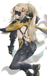 1girl absurdres ass black_blindfold black_pants black_shrug blindfold blonde_hair camouflage camouflage_jacket camouflage_pants feet_out_of_frame hair_ornament highres jacket latex_pants long_hair looking_back luridrumours pants parted_lips ponytail shrug_(clothing) triangle_hair_ornament trigger_(zenless_zone_zero) zenless_zone_zero