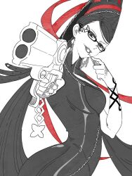 Rule 34 | 1girl, 2025, aiming, aiming at viewer, bayonetta, bayonetta (series), bayonetta 1, beehive hairdo, black hair, breasts, c1edra, candy, clenched hand, clothing cutout, commentary, cropped torso, curvy, earrings, female focus, flat color, food, foreshortening, glasses, gloves, gun, hair ribbon, half-closed eyes, handgun, head tilt, holding, holding weapon, jewelry, large breasts, light smile, lips, lollipop, lollipop in mouth, long hair, looking at viewer, mole, mole under mouth, pistol, ribbon, sideboob, simple background, solo, spot color, upper body, very long hair, weapon, white background, white gloves