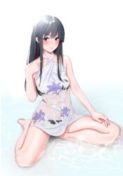 1girl absurdres bare_shoulders barefoot bikini bikini_visible_through_clothes black_bikini black_hair blush breasts collarbone commentary covered_navel criss-cross_halter dress full_body halter_dress halterneck hand_up highres long_hair looking_at_viewer neck_ribbon parted_lips print_dress red_ribbon ribbon see-through_clothes see-through_dress sitting small_breasts solo strapless strapless_bikini swimsuit thighs user_czja3824 wading wariza water wet wet_clothes wet_dress wet_hair white_dress yahari_ore_no_seishun_lovecome_wa_machigatteiru. yukinoshita_yukino