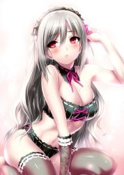 10s 1girl alternate_hairstyle bikini blush breasts cleavage collar detached_collar elbow_gloves female_focus floral_print gloves hair_down hairband idolmaster idolmaster_cinderella_girls kanzaki_ranko large_breasts lolita_hairband long_hair navel parted_lips print_gloves red_eyes ribbon-trimmed_collar ribbon_trim silver_hair single_glove solo swimsuit thighhighs very_long_hair zen