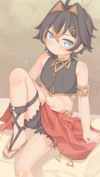 1girl aged_down ahoge alternate_costume arm_support armlet bench black_bloomers black_hair bloomers blue_eyes breasts colored_inner_hair commentary_request dehya_(genshin_impact) genshin_impact gladiator_sandals hair_between_eyes hair_ornament hairclip highres jewelry knee_up legs looking_at_viewer multicolored_hair navel sakurea sandals short_hair sidelocks sitting sleeveless small_breasts solo tank_top toes two-tone_hair underwear zouri