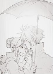 1boy 1girl aerith_gainsborough alternate_costume alternate_hairstyle blush cloud_strife couple earrings closed_eyes final_fantasy final_fantasy_vii final_fantasy_vii_remake greyscale hair_bun happy hetero jewelry kiss kissing_forehead monochrome rain raincoat scarf single_hair_bun spiked_hair square_enix tumblr umbrella water_drop
