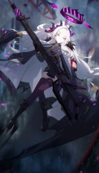 1girl absurdres ahoge black_boots black_coat black_jacket blue_archive boots closed_mouth coat coat_on_shoulders demon_horns demon_wings double-parted_bangs forehead fur_collar gun hayate_(1034853996) highres hina_(blue_archive) holding holding_gun holding_weapon horns jacket knee_boots long_hair looking_to_the_side machine_gun purple_eyes purple_thighhighs sidelocks solo thighhighs weapon white_hair wings