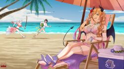 3girls alice_(dkfl_tm09too) beach beach_chair bikini black_horns black_tail black_wings blindfold blonde_hair blue_eyes braid breasts cleavage demon_girl demon_horns demon_tail demon_wings food fruit gradient_hair hat highres holding holding_sword holding_weapon hololive holonatsu_paradise horizon horns large_breasts long_hair multicolored_hair multiple_girls nakiri_ayame nakiri_ayame_(holonatsu_paradise) ocean one_eye_closed oozora_subaru oozora_subaru_(holonatsu_paradise) pink_hair pink_sarong pointy_ears purple_bikini sand sarong sitting solo_focus swimsuit sword tail unworn_hat unworn_headwear virtual_youtuber watermelon weapon wide_shot wings wooden_sword yuzuki_choco yuzuki_choco_(holonatsu_paradise)