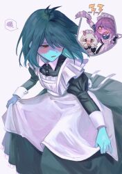 1boy 1girl 1other alternate_costume apron black_dress blue_hair blue_skin blush brown_eyes colored_sclera colored_skin commentary_request deltarune dress enmaided fang furry furry_female furry_male goat_boy hair_over_one_eye highres horns kris_(dark_world)_(deltarune) kris_(deltarune) lightning_bolt_symbol long_sleeves maid maid_headdress medium_hair pink_horns ralsei red_eyes reptile_girl skin_fang skirt_hold small_sweatdrop solo_focus soratake_53 spoken_squiggle squiggle susie_(dark_world)_(deltarune) susie_(deltarune) unworn_maid_headdress white_apron yellow_sclera