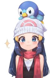 1girl :3 absurdres aqua_eyes beanie black_hair black_shirt blush closed_mouth commentary_request dawn_(pokemon) eyelashes gen_4_pokemon hair_ornament hairclip hat highres korean_commentary long_hair looking_at_viewer nintendo on_head pink_scarf piplup pokemon pokemon_(creature) pokemon_dppt pokemon_on_head revision rtb_(jbsb8423) scarf shirt sidelocks sleeveless sleeveless_shirt smile sparkle tareme upper_body white_background white_hat