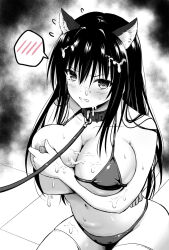 1girl animal_collar arms_under_breasts bare_shoulders bdsm bikini blush breasts bukkake chain cleavage clenched_teeth collar collarbone cum cum_on_body cum_on_breasts cum_on_hair cum_on_upper_body grabbing_own_breast highres kotegawa_yui large_breasts leash long_hair monochrome nipple_stimulation nipple_tweak nipples slave solo swimsuit tears teeth thighhighs to_love-ru todorokikangok