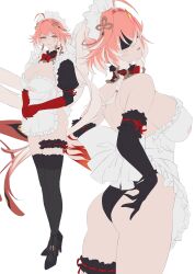 1girl absurdres ahoge alternate_costume apron ass black_blindfold black_gloves black_panties black_shoes black_sleeves black_thighhighs blindfold breasts changli_(wuthering_waves) changli_(wuthering_waves)_(cosplay) commentary cosplay elbow_gloves gloves hair_intakes hashtag-only_commentary high_heels highres juliet_sleeves large_breasts long_hair long_sleeves looking_at_viewer maid_apron maid_headdress multicolored_hair multiple_views orange_eyes orange_hair panties puffy_sleeves shoes shrug_(clothing) simple_background smile standing thigh_strap thighhighs two-tone_hair underwear white_apron white_background white_hair wuthering_waves xsatoh