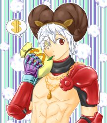 Rule 34 | 1boy, abs, armor, aseiru, bag, blue background, brown eyes, chain, chain necklace, commentary request, gauntlets, hair over one eye, heterochromia, holding, holding bag, jewelry, leaf in mouth, looking at viewer, male focus, mechanic (ragnarok online), money bag, necklace, open mouth, pauldrons, ragnarok online, red armor, short hair, shoulder armor, shrug (clothing), solo, spoken dollar sign, striped background, toned, toned male, upper body, vambraces, white hair, yellow eyes