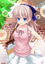 1girl bag bare_shoulders blue_bow blue_eyes blush bow breasts camisole casual charlotte_(anime) collarbone commentary_request cowboy_shot day eyes_visible_through_hair floating_hair frilled_skirt frills grey_hair hair_between_eyes hair_bow hand_on_own_hip handbag highres long_hair looking_at_viewer medium_breasts minatoto miniskirt official_alternate_costume official_alternate_hairstyle open_mouth outdoors pink_camisole ponytail skirt solo sparkle tomori_nao white_skirt
