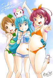 10s 4girls aino_megumi bad_id bad_pixiv_id bikini blonde_hair blue_eyes blue_hair blush bow happinesscharge_precure! long_hair looking_at_viewer multiple_girls navel oomori_yuuko open_mouth pink_bow precure red_eyes red_hair ribbon_(happinesscharge_precure!) sandals sekihan shirayuki_hime smile swimsuit twintails