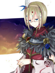 Rule 34 | 1boy, blonde hair, blue eyes, blue flower, blue rose, brown hairband, closed mouth, commentary request, detached sleeves, flower, fur collar, glasses, hairband, looking at viewer, lowres, male focus, professor (ragnarok online), ragnarok online, red-framed eyewear, red shirt, rose, shirt, short hair, sleeveless, sleeveless shirt, smile, solo, upper body, wane (ruki), white sleeves, yellow flower, yellow rose