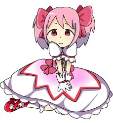1girl artist_request dress highres kaname_madoka kaname_madoka_(magical_girl) magical_girl mahou_shoujo_madoka_magica mahou_shoujo_madoka_magica_(anime) non-web_source pink_hair short_sleeves simple_background sitting solo source_request tagme white_background