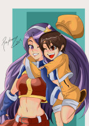 asamiya_athena bao_(kof) brown_hair carrying fingerless_gloves gloves one_eye_closed psycho_soldier purple_eyes purple_hair smile snk the_king_of_fighters the_king_of_fighters_2002 wink