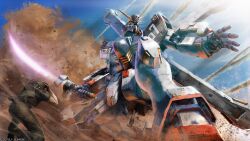Rule 34 | 1boy, absurdres, battle, copyright notice, covering head, crossbone gundam, crossbone gundam x-1, crossbone vanguard, damaged, debris, dirty, dust cloud, energy sword, gloves, glowing, glowing eyes, green eyes, gundam, gundam battle operation 2, helmet, highres, jolly roger, machinery, mecha, military uniform, mobile suit, official art, painting (medium), realistic, robot, scan, science fiction, smoke, soldier, sunrise (company), sword, tenjin hidetaka, traditional media, v-fin, weapon