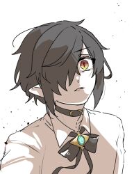Rule 34 | 1boy, black bow, black bowtie, black choker, black hair, bow, bowtie, choker, collared shirt, datenshi no fu, despair god morroc, hair between eyes, hair over one eye, highres, long bangs, looking at viewer, male focus, orange eyes, parted lips, pointy ears, ragnarok masters, ragnarok online, shirt, short hair, simple background, solo, upper body, white background, white shirt