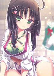 Rule 34 | 1girl, :3, absurdres, ahoge, black hair, blurry, blurry background, blush, breasts, closed mouth, commentary, cowboy shot, criss-cross halter, eyes visible through hair, green eyes, green shirt, hair between eyes, hair ornament, hairclip, halterneck, highres, hitachi mako, indoors, japanese clothes, kimono, large breasts, leaning forward, long sleeves, looking at viewer, official alternate costume, outline, senren banka, shirt, short hair with long locks, sitting, smile, solo, split mouth, straight hair, sukonbu385, watermark, white kimono, white outline, wide sleeves, x hair ornament