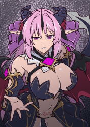 1girl absurdres aoi_tabane bare_shoulders breasts cleavage corruption dark_persona demon_girl demon_horns demon_wings detached_sleeves dragon_girl highres horns jewelry kouyoku_senki_exs-tia large_breasts long_hair looking_at_viewer luxtia navel pink_hair pointy_ears pubic_tattoo purple_eyes reaching reaching_towards_viewer revealing_clothes ring smile solo tail tattoo wings
