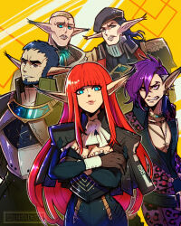 1girl 4boys armor ascot bald bardon_(metaphor:_refantazio) beard beret black_gloves black_hat blue_eyes blue_hair blunt_bangs blush breastplate brown_eyes closed_mouth commentary crossed_arms english_commentary facial_hair gideaux_(metaphor:_refantazio) glodell_(metaphor:_refantazio) gloves gzei hat highres hime_cut hulkenberg_(metaphor:_refantazio) lips long_hair long_sleeves looking_at_viewer metaphor:_refantazio multiple_boys pink_lips pointy_ears purple_eyes purple_hair red_hair rudolf_humulus_krause smile twitter_username white_ascot yellow_background
