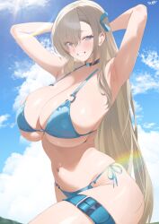 1girl absurdres alternate_costume armpits arms_up asuna_(blue_archive) bikini black_choker blonde_hair blue_archive blue_bikini blue_eyes blue_ribbon blush breasts choker commentary day grin hair_ribbon highres kurozawa_yui large_breasts long_hair looking_at_viewer navel outdoors ribbon side-tie_bikini_bottom smile solo stomach swimsuit thigh_strap underboob