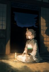 1girl absurdres ahoge architecture blonde_hair candle candlelight closed_eyes east_asian_architecture ebora fate/grand_order fate_(series) highres japanese_clothes kimono meditation medium_hair night non-web_source okita_souji_(fate) okita_souji_(koha-ace) ponytail seiza shouji sitting sliding_doors solo white_kimono