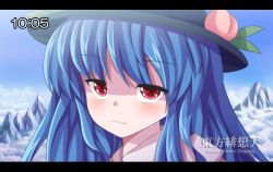 1girl :3 bad_id bad_pixiv_id black_hat blue_hair blush english_text fake_screenshot female_focus food fruit hat highres hinanawi_tenshi letterboxed long_hair looking_at_viewer maru_daizu_(aqua6233) peach red_eyes scarlet_weather_rhapsody smile solo time touhou