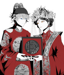 absurdres alternate_costume alternate_hairstyle chinese_clothes chinese_wedding dress genderswap genderswap_(mtf) genshin_impact hair_ornament hanfu headpiece highres jewelry looking_at_another marriage_certificate_(object) tartaglia_(genshin_impact) tartali.club wedding_dress yzszy zhongli_(genshin_impact)