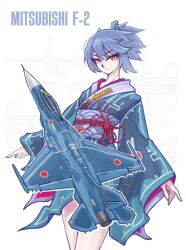 Rule 34 | 1girl, aircraft, airplane, blue hair, blue kimono, blueprint background, closed mouth, commentary, commission, cowboy shot, fighter jet, highres, japanese clothes, kimono, looking at viewer, military vehicle, mitsubishi f-2, original, personification, print kimono, red eyes, russian commentary, short hair, solo, white background, zap-nik
