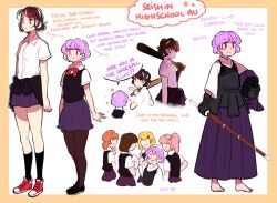 ... 6+girls ^_^ baseball_bat black_hair blonde_hair blush bougu brown_hair contemporary english_text closed_eyes kendo kendo_mask kijin_seija multicolored_hair multiple_girls nekolina orange_hair pantyhose pink_hair purple_hair red_hair school_uniform shinai smile spoken_ellipsis streaked_hair sukuna_shinmyoumaru sword touhou vest unworn_vest weapon white_hair