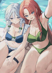 2girls :d absurdres arm_around_shoulder arm_up armpits bikini black_bow blue_bikini blue_eyes bow bow_bikini braid breasts closed_mouth double-parted_bangs green_bikini green_bow green_eyes grey_hair hair_between_eyes hair_bow highres hong_meiling izayoi_sakuya kneeling large_breasts long_hair looking_at_viewer medium_breasts medium_hair multiple_girls navel open_mouth parted_bangs red_hair sarukana side_braids smile stomach swimsuit teeth thigh_strap touhou upper_teeth_only very_long_hair water