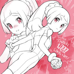 1girl ass beast_ball blunt_bangs blush bodysuit closed_mouth english_text eyelashes flying_sweatdrops gloves hand_up highres holding holding_poke_ball kinocopro lillie_(pokemon) long_hair multiple_views nintendo notice_lines pink_background pink_eyes poke_ball pokemon pokemon_(anime) pokemon_sm_(anime) ponytail short_sleeves smile thank_you