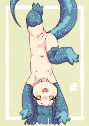 armpits blue_hair blue_scales blush border breasts claws commentary_request completely_nude fang flat_chest full_body green_background highres lizard_tail loli looking_at_viewer mabo9317 monster_girl nipples nude open_mouth original pussy reptile_girl scales short_hair signature smile straight-on tail teeth uncensored upper_teeth_only upside-down white_border yellow_eyes