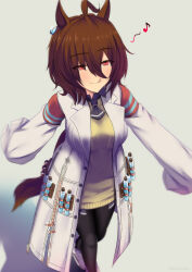 1girl :q agnes_tachyon_(umamusume) ahoge animal_ears arms_at_sides ashino_moto brown_hair coat earrings empty_eyes foot_out_of_frame hair_between_eyes half-closed_eyes highres horse_ears horse_girl horse_tail jewelry lab_coat leggings long_sleeves looking_at_viewer medium_hair necktie open_clothes open_coat red_eyes shoes short_necktie single_earring sleeves_past_fingers sleeves_past_wrists smile solo sweater tail test_tube tongue tongue_out umamusume walking white_coat yellow_sweater zipper zipper_pull_tab
