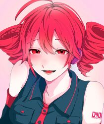 Rule 34 | 1girl, :d, absurdres, ahoge, armpit crease, black sleeves, blush, breast pocket, buttons, collared shirt, detached sleeves, drill hair, hair between eyes, headphones, highres, kasane teto, kasane teto (utau), looking at viewer, lower teeth only, number tattoo, open mouth, pink background, pocket, red eyes, red hair, red tattoo, shirt, shoulder tattoo, simple background, sleeveless, sleeveless shirt, smile, solo, tattoo, teeth, tongue, twin drills, upper body, utau, wing collar, yukito 272