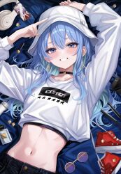 Rule 34 | 1girl, :d, aviator sunglasses, black choker, black pants, blue eyes, blue hair, blue nails, cellphone, choker, colored inner hair, commentary, commentary request, cropped shirt, double-parted bangs, earrings, grin, hair between eyes, hat, headphones, highres, hololive, hoshimachi suisei, jewelry, linea alba, long hair, looking at viewer, lying, midriff, multicolored hair, nail polish, navel, on back, open mouth, pants, phone, print shirt, red shoes, round eyewear, sa-ya2, shirt, shoes, sidelocks, smartphone, smile, sneakers, solo, star (symbol), star in eye, sunglasses, symbol in eye, unworn eyewear, unworn shoes, virtual youtuber, white hat, white shirt