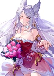 1girl aki663 animal_ears bouquet braid breasts collarbone detached_sleeves dress erune flower fraux_(formal)_(granblue_fantasy) granblue_fantasy hair_flower hair_ornament highres holding holding_bouquet large_breasts long_hair looking_at_viewer simple_background smile solo tearing_up teeth white_background white_hair yellow_eyes
