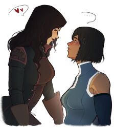 ... 2girls absurdres asami_sato avatar_legends blue_eyes blue_shirt blush dark_skin detached_sleeves from_side gloves green_eyes heart highres korra long_hair long_sleeves looking_at_another multiple_girls red_lips shirt short_hair sweatdrop the_legend_of_korra toned toned_female visualeffex yuri