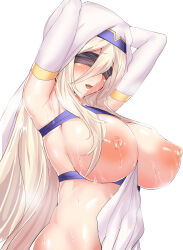 arms_up black_blindfold blindfold blonde_hair blush clothing_aside commentary_request dress dress_aside goblin_slayer! highres long_hair nipples samurai_(movemusic) simple_background sweat sword_maiden upper_body veil very_long_hair very_sweaty white_background white_dress white_veil