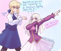 ... 2girls ? ?? ahoge artist_name artoria_pendragon_(fate) blonde_hair blush braid dab_(dance) dress english_text eyes_visible_through_hair fate/stay_night fate_(series) feet_out_of_frame green_eyes hair_bun henemimi highres illyasviel_von_einzbern long_hair long_sleeves looking_at_viewer meme multiple_girls open_mouth pantyhose red_eyes saber_(fate) single_hair_bun skirt speech_bubble standing sweatdrop teeth twitter_username watermark white_hair