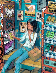1girl absurdres ahoge artist_name bag bench black_hair blue_pants blush breasts breath brick_floor can canned_coffee closed_eyes collared_shirt commentary dark-skinned_female dark_skin dated denim drink_can english_commentary english_text eudetenis feet_out_of_frame hand_up highres holding holding_can jeans leaning_back medium_breasts medium_hair open_mouth original outstretched_arm pants parted_bangs poster_(object) raised_inner_eyebrows shirt shirt_tucked_in shoulder_bag sidelocks sign sitting solo spread_fingers stone_wall teeth three-quarter_sleeves upper_teeth_only vending_machine white_shirt wooden_bench yawning