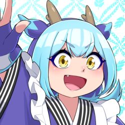 1girl arm_up blue_hair blue_kimono dragon_girl dragon_horns fang horns japanese_clothes kimono laundry_dragonmaid open_mouth simple_background solo white_background yata_masahara yellow_eyes yu-gi-oh!