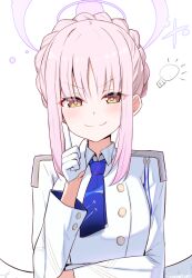 1girl alternate_costume angel_wings blue_archive blue_necktie braid breasts closed_mouth collared_jacket cosplay crown_braid feathered_wings gloves half_gloves halo index_finger_raised jacket kaya_(blue_archive) large_breasts light_bulb looking_at_viewer mika_(blue_archive) necktie pink_hair pink_halo sazamiso_rx shoulder_boards sidelocks simple_background smile solo upper_body v-shaped_eyebrows white_background white_gloves white_jacket white_wings wings yellow_eyes