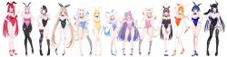 6+girls absurdres ahoge alternate_costume animal_ear_fluff animal_ears armpits asymmetrical_horns asymmetrical_legwear bare_shoulders belt black_hair blonde_hair blue_bow blue_bowtie blue_eyes blue_hair blue_leotard blue_shoes blush bow bowtie breasts brown_eyes brown_hair carrot cleavage colored_inner_hair dadangge demon_horns detached_collar dog_ears dog_girl dog_tail earrings elizabeth_rose_bloodflame everyone fake_animal_ears fins fish_tail fishnets food full_body fuwawa_abyssgard gawr_gura green_hair grey_hair hair_intakes halo hand_on_own_hip heart high_heels highleg highleg_leotard highres holding holding_food holoadvent holojustice hololive hololive_english holomyth holopromise hoop_earrings horns jewelry koseki_bijou large_breasts leotard lipstick long_hair long_image looking_at_viewer makeup mococo_abyssgard mori_calliope multicolored_hair multiple_girls nanashi_mumei nerissa_ravencroft ninomae_ina&#039;nis orange_bow orange_bowtie orange_hair orange_leotard orange_shoes ouro_kronii pantyhose pink_eyes pink_hair playboy_bunny pointy_ears purple_eyes purple_hair rabbit_ears red_eyes red_hair shadow_(nerissa_ravencroft) shark_girl shark_tail shiori_novella shoes short_hair siblings sidelocks simple_background single_thighhigh smile strapless strapless_leotard streaked_hair tail takanashi_kiara tentacle_hair thighhighs thighs tongue tongue_out torn_clothes torn_pantyhose twins twintails twitter_username two-tone_hair uneven_horns v very_long_hair virtual_youtuber watson_amelia white_background white_pantyhose wide_image wrist_cuffs