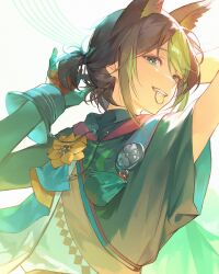 1boy animal_ear_fluff animal_ears arms_up asymmetrical_sleeves black_gloves black_hair commentary d_dh0514 flower fox_boy fox_ears genshin_impact gloves green_hair hair_between_eyes hair_tie_in_mouth highres male_focus medium_hair mouth_hold multicolored_hair solo streaked_hair tassel teeth tighnari_(genshin_impact) turning_head tying_hair uneven_sleeves white_background yellow_flower