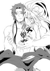 Rule 34 | 10s, 2boys, antenna hair, blush, greyscale, groping, long hair, male focus, monochrome, multiple boys, pectorals, sengo muramasa (touken ranbu), simple background, sitting, smile, tattoo, tonbokiri (touken ranbu), touken ranbu, tsunashi shiba, twitter username, white background, yaoi