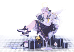 1girl absurdres angel_wings azusa_(blue_archive) black_dress black_ribbon black_sailor_collar black_socks blue_archive box chair chinese_commentary closed_mouth commentary_request crossed_bangs dress expressionless feathered_wings feathers floor_tiles flower forest_0 frilled_socks frills from_side gift gift_box grey_hair hair_between_eyes hair_flower hair_ornament hair_ribbon halo highres jacket long_hair long_sleeves looking_at_viewer mary_janes neckerchief on_chair peroro_(blue_archive) petticoat purple_eyes reflective_floor ribbon sailor_collar shoes sitting socks solo very_long_hair white_feathers white_jacket white_shoes wings yellow_neckerchief